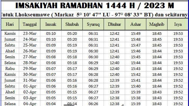 Jadwal Imsakiyah Ramadhan Lhokseumawe 2023