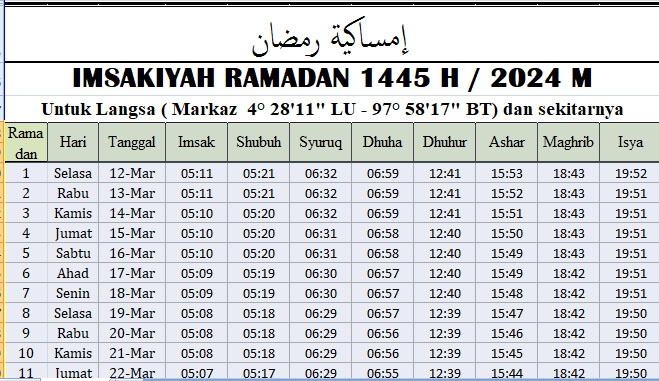 Jadwal Imsakiyah Ramadhan Langsa 2024